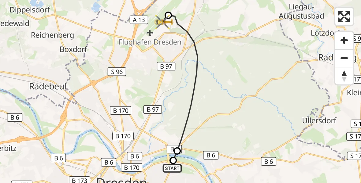 Flugroute Rettungshubschrauber Dresden University Hospital - Dresden Bundespolizei Hubschrauberlandeplatz, 31 Mai 2026, 15:14