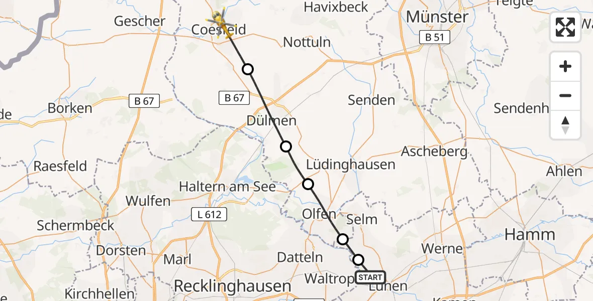 Flugroute Rettungshubschrauber Lünen - Coesfeld, 31 Mai 2026, 15:15