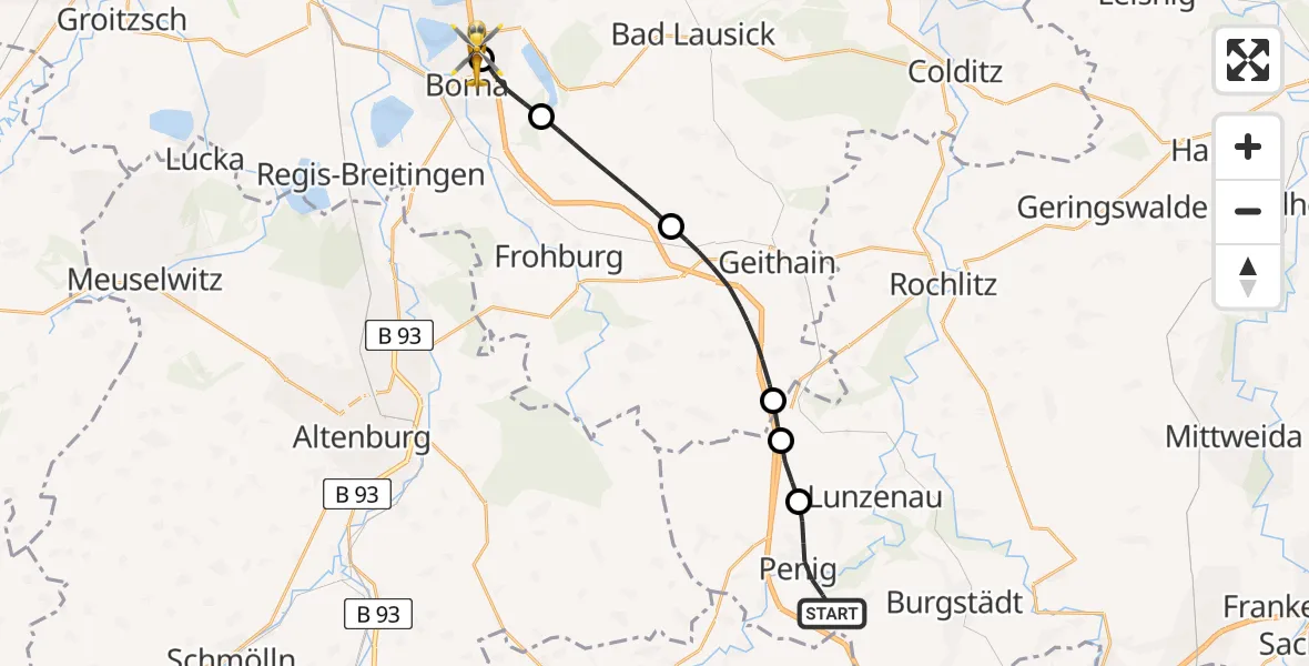 Flugroute Rettungshubschrauber Penig - Sana Hospital Borna, 31 Mai 2026, 15:15