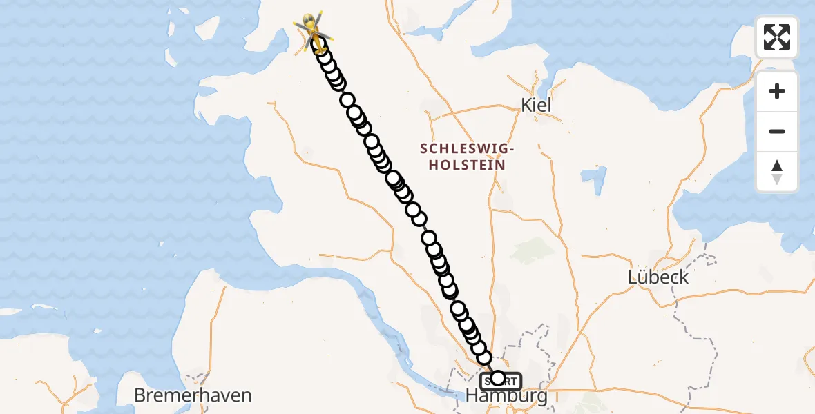 Flugroute Rettungshubschrauber Universitätsklinikum Hamburg-Eppendorf Hubschrauberlandeplatz - Husum-Schwesing Flughafen, 31 Mai 2026, 15:16