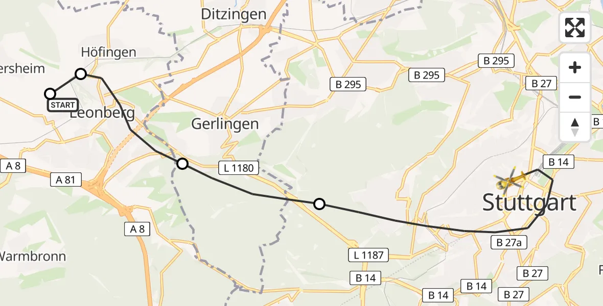Flugroute Rettungshubschrauber Leonberg Hospital - Stuttgart, 31 Mai 2026, 15:17