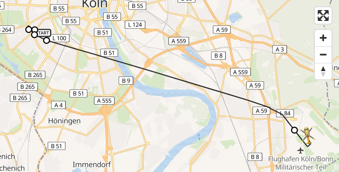 Flugroute Rettungshubschrauber Köln University Hospital - Köln Bonn Flughafen, 31 Mai 2026, 15:21
