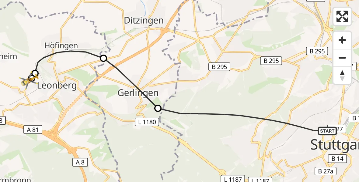 Flugroute Rettungshubschrauber Stuttgart - Leonberg Hospital, 31 Mai 2026, 15:27