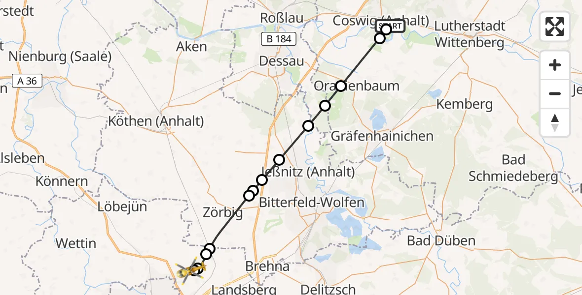 Flugroute Rettungshubschrauber MediClin Heart Center Coswig Hubschrauberlandeplatz - Halle-Oppin Flugplatz, 31 Mai 2026, 15:32