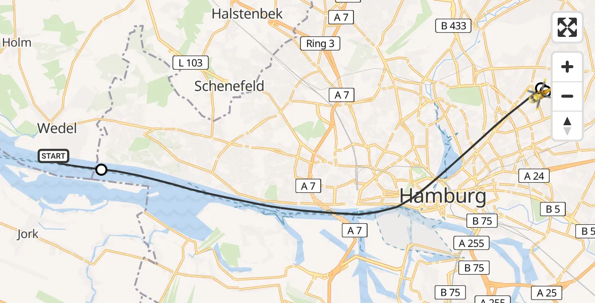 Flugroute Rettungshubschrauber Wedel - Hamburg Military Hospital, 31 Mai 2026, 15:34
