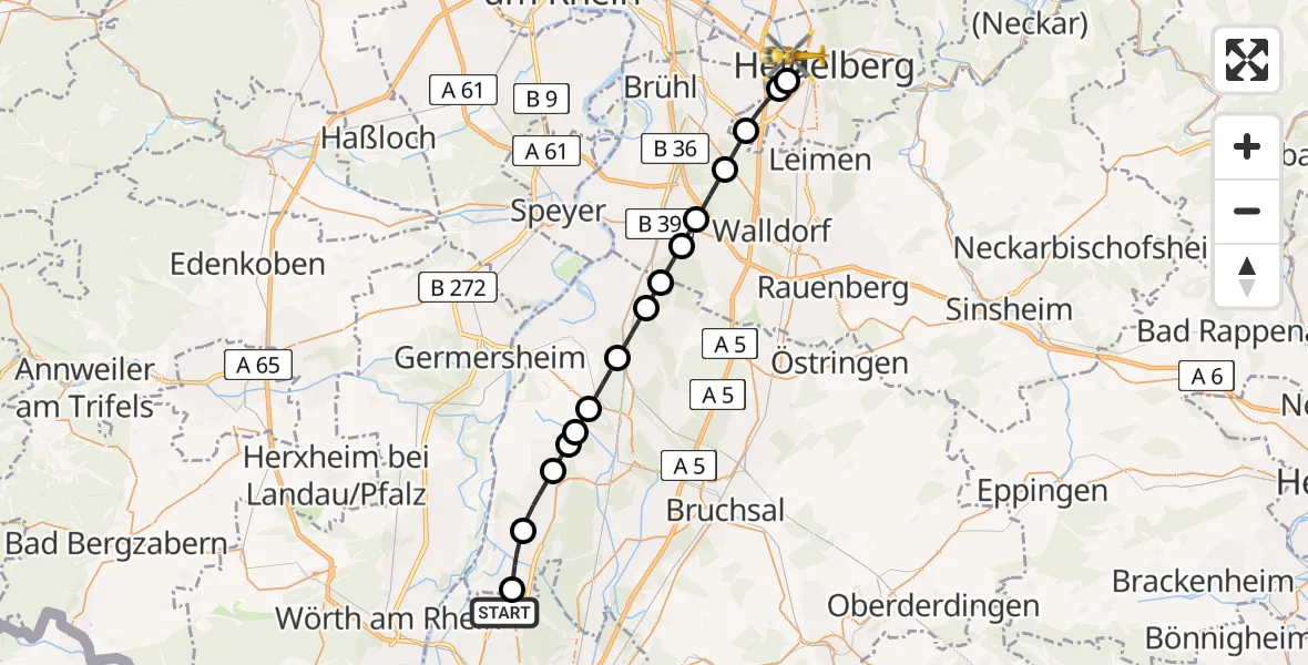 Flugroute Ambulanzhubschrauber Karlsruhe - Heidelberg, 31 Mai 2026, 15:36