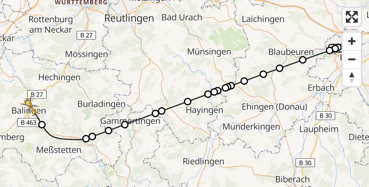 Flugroute Ambulanzhubschrauber Ulm Military Hospital Emergency - Balingen, 31 Mai 2026, 15:39