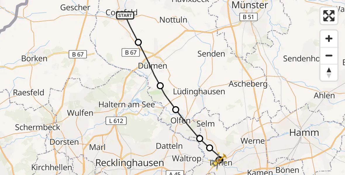 Flugroute Rettungshubschrauber Coesfeld - Sankt Marien Hospital, 31 Mai 2026, 15:49