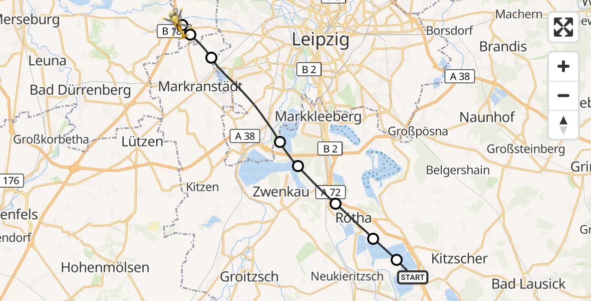 Flugroute Rettungshubschrauber Borna - ADAC Air Rescue Station Leipzig/Schkeuditz-Dölzig Hubschrauberlandeplatz (Christoph 61), 31 Mai 2026, 15:50