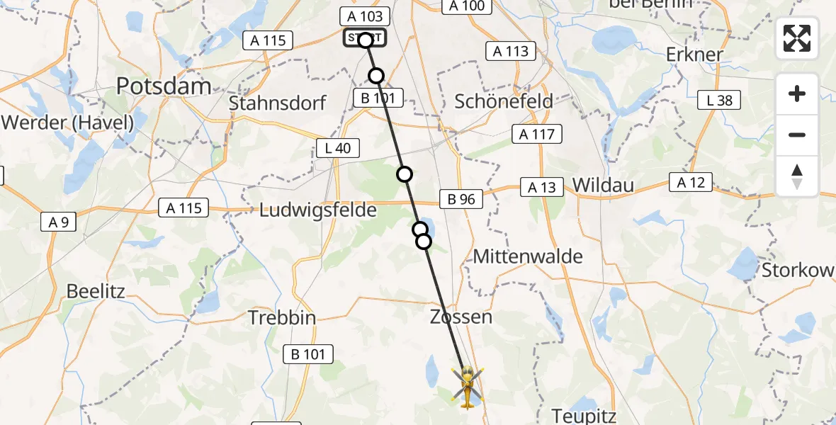 Flugroute Rettungshubschrauber Charité Clinic Benjamin Franklin Campus - Zossen, 31 Mai 2026, 15:51