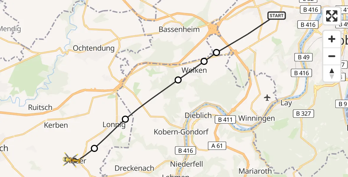 Flugroute Rettungshubschrauber Koblenz - Rüber, 31 Mai 2026, 15:54