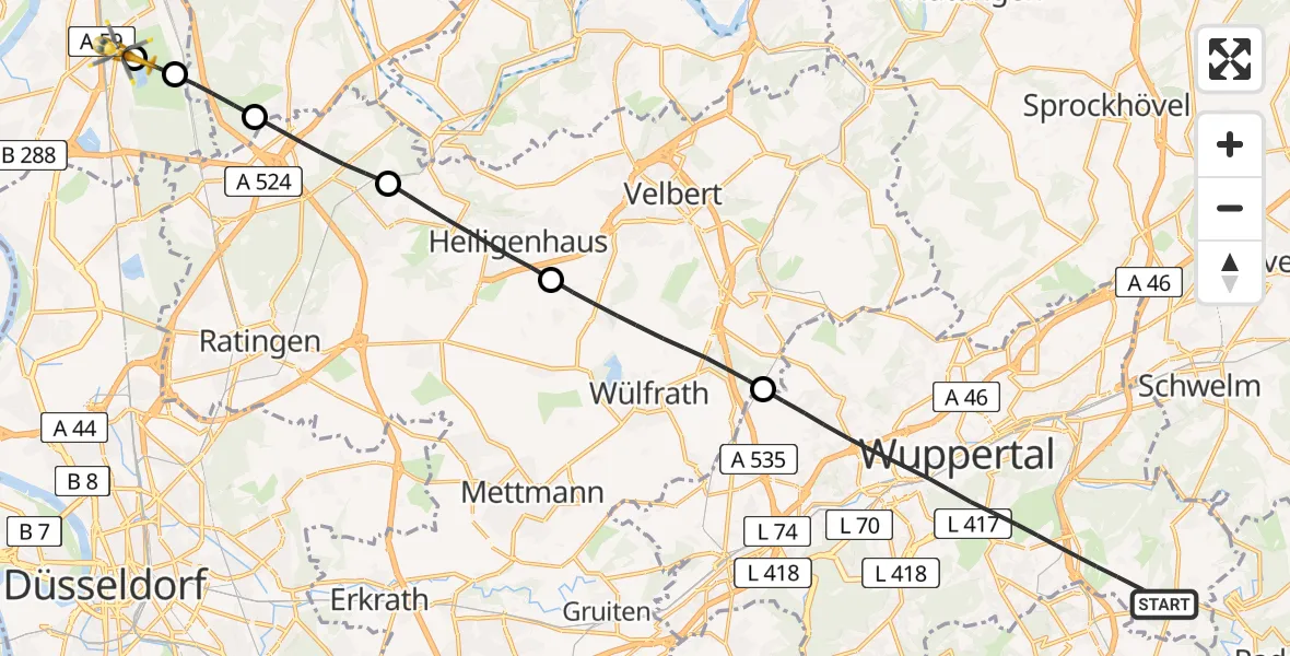 Flugroute Rettungshubschrauber Wuppertal - Duisburg Air Rescue Hubschrauberlandeplatz (Christoph 9), 31 Mai 2026, 15:55