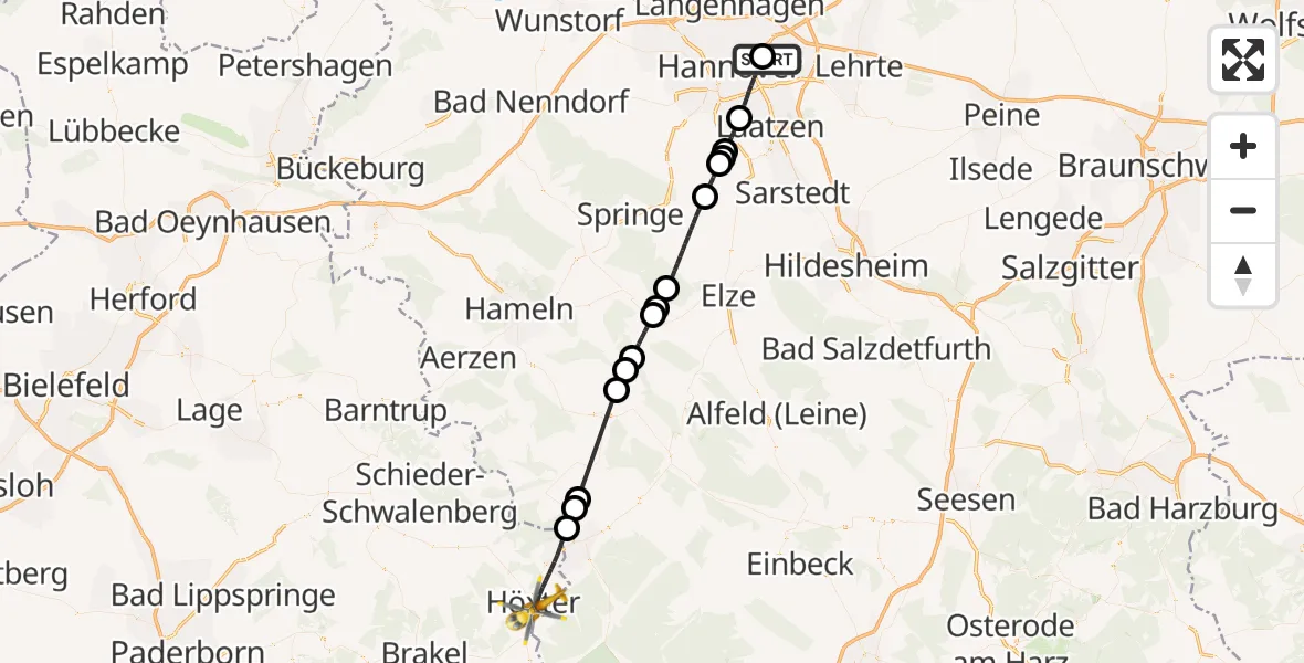 Flugroute Rettungshubschrauber Hannover Luftrettung Hubschrauberlandeplatz (Christoph 4) - Höxter, 31 Mai 2026, 15:56