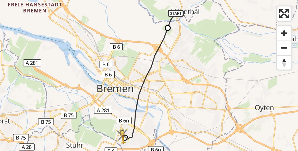 Flugroute Rettungshubschrauber Lilienthal - ADAC Air Rescue Station Bremen Hubschrauberlandeplatz (Christoph 6), 31 Mai 2026, 16:03