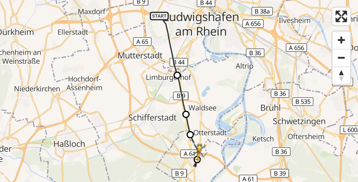 Flugroute Rettungshubschrauber Ludwigshafen am Rhein - Otterstadt, 31 Mai 2026, 16:05