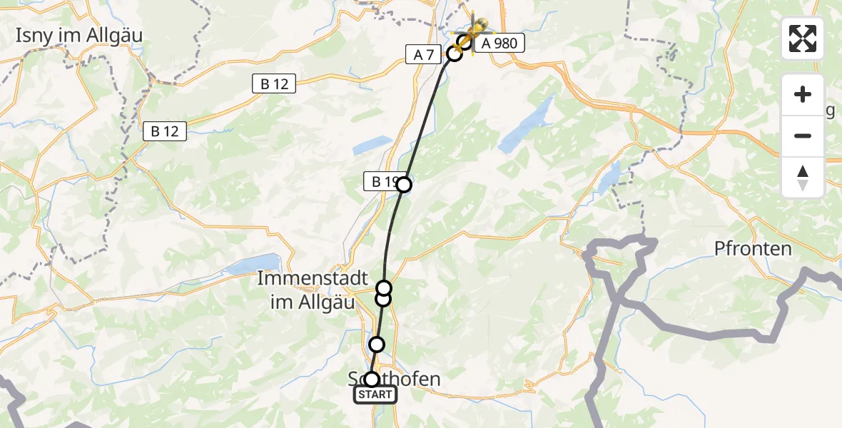 Flugroute Rettungshubschrauber Ofterschwang - Kempten-Durach Flugplatz, 31 Mai 2026, 16:08
