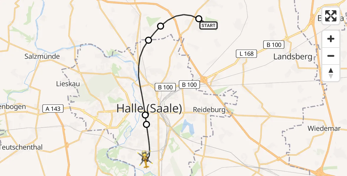 Flugroute Rettungshubschrauber Halle-Oppin Flugplatz - Halle (Saale), 31 Mai 2026, 16:09