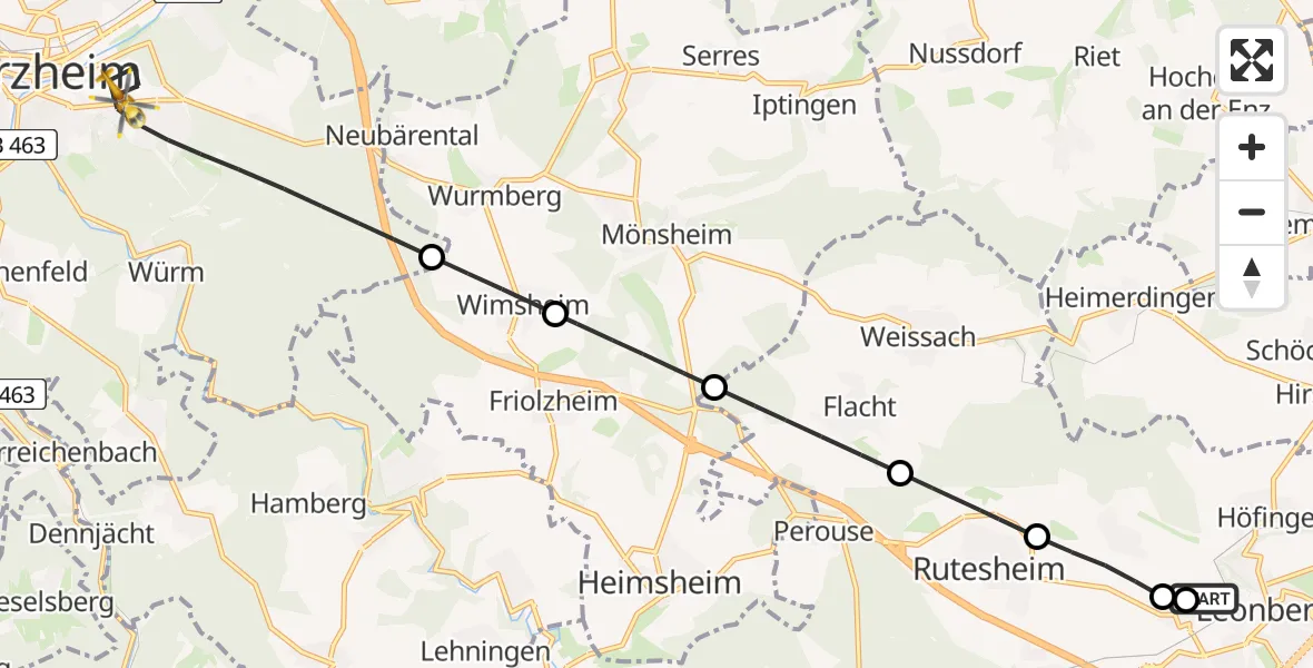 Flugroute Rettungshubschrauber Leonberg Hospital - Pforzheim, 31 Mai 2026, 16:15