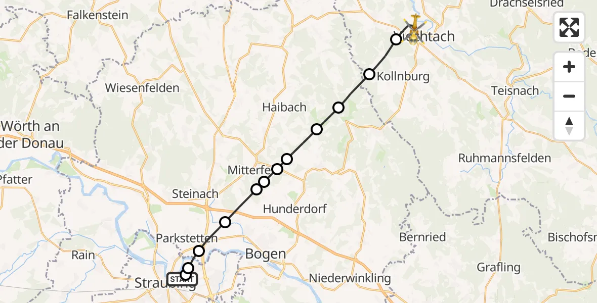 Flugroute Rettungshubschrauber Sankt Elisabeth Hospital Straubing - Viechtach, 31 Mai 2026, 16:30