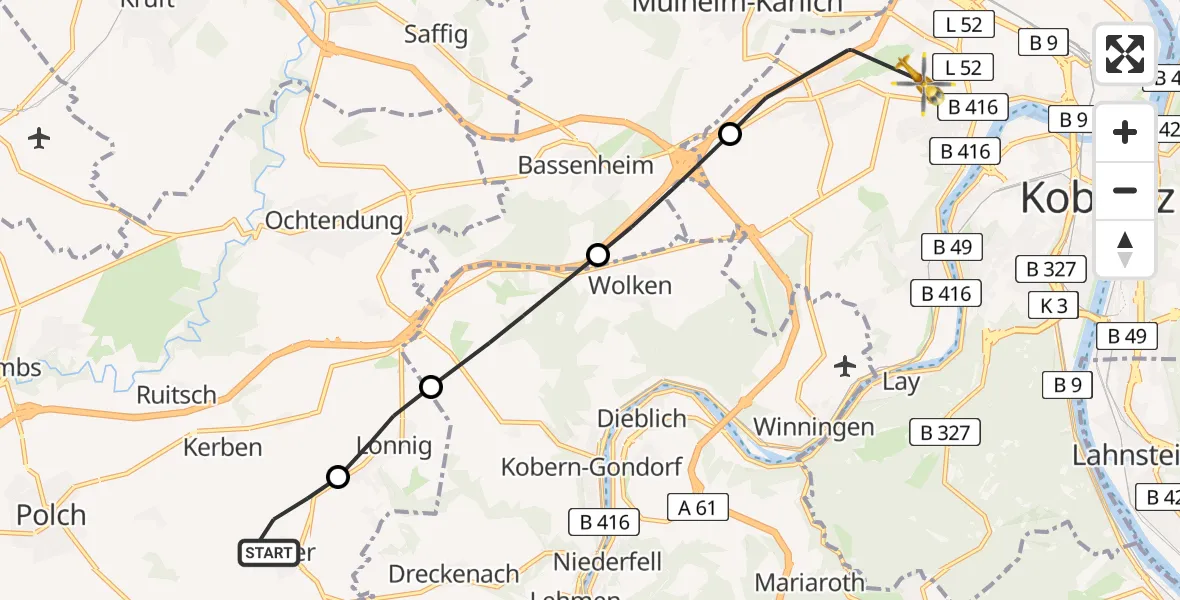 Flugroute Rettungshubschrauber Rüber - Koblenz, 31 Mai 2026, 16:30
