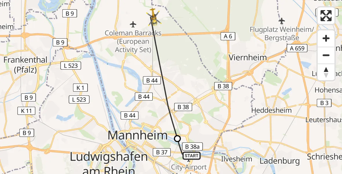 Flugroute Rettungshubschrauber Mannheim-City Flughafen - Mannheim, 31 Mai 2026, 16:32