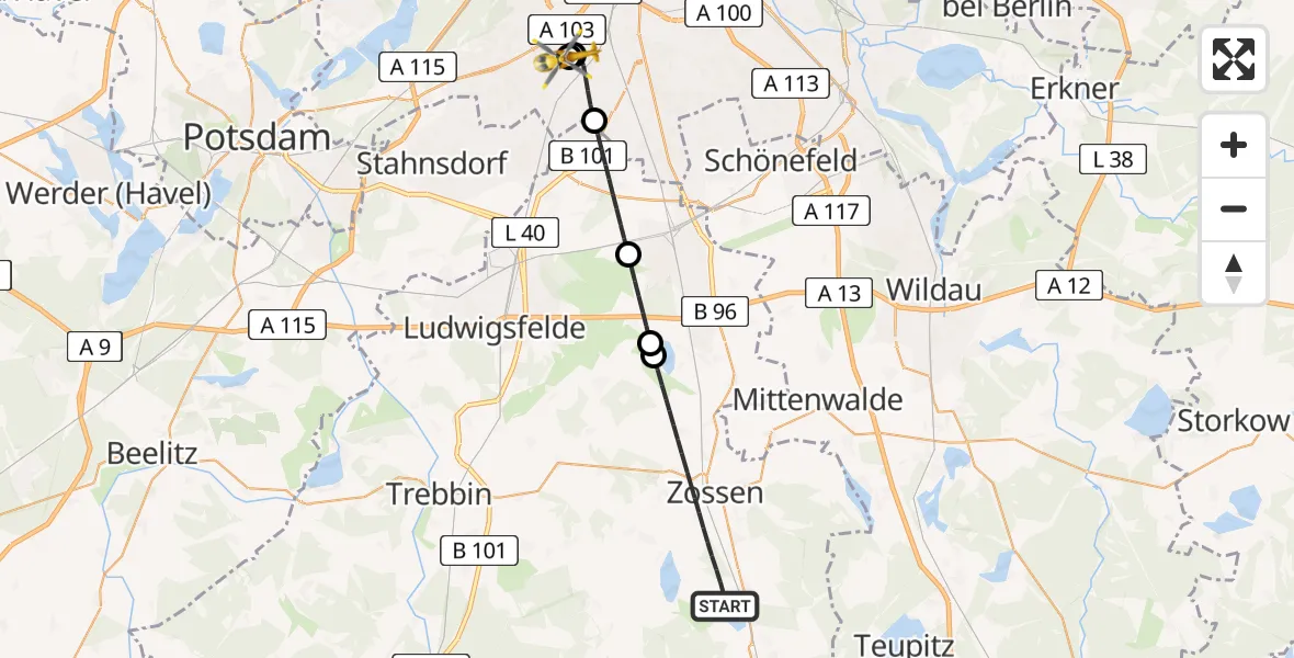 Flugroute Rettungshubschrauber Zossen - Charité Clinic Benjamin Franklin Campus, 31 Mai 2026, 16:33