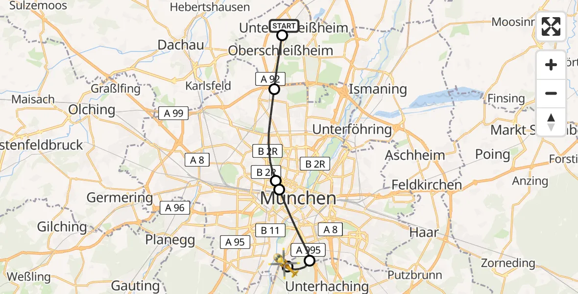 Flugroute Rettungshubschrauber Unterschleißheim - ADAC Air Rescue Center Hubschrauberlandeplatz (Christoph 1), 31 Mai 2026, 16:36