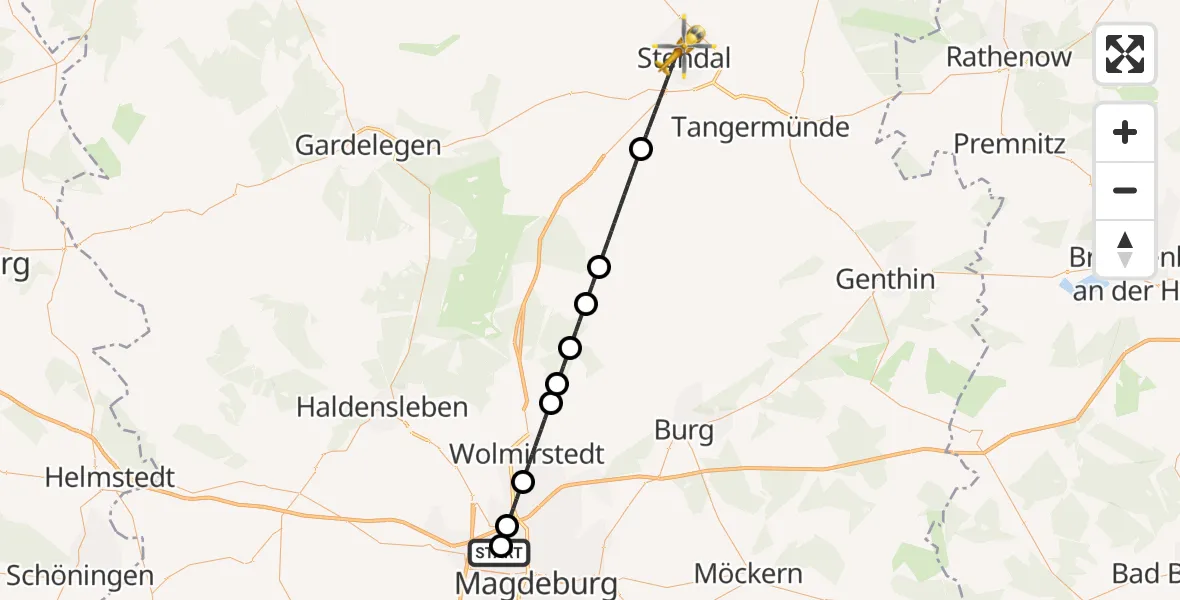 Flugroute Rettungshubschrauber Magdeburg Hospital - Stendal, 31 Mai 2026, 16:41
