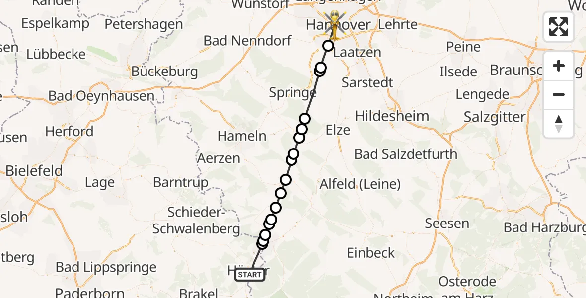 Flugroute Rettungshubschrauber Höxter - Hannover, 31 Mai 2026, 16:41