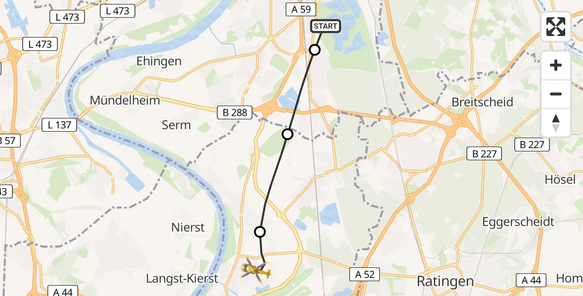 Flugroute Rettungshubschrauber Duisburg Air Rescue Hubschrauberlandeplatz (Christoph 9) - Düsseldorf Flughafen, 31 Mai 2026, 16:41