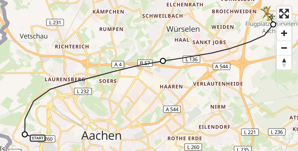 Flugroute Rettungshubschrauber Aachen Hospital - Aachen-Merzbrück Flughafen, 31 Mai 2026, 16:45