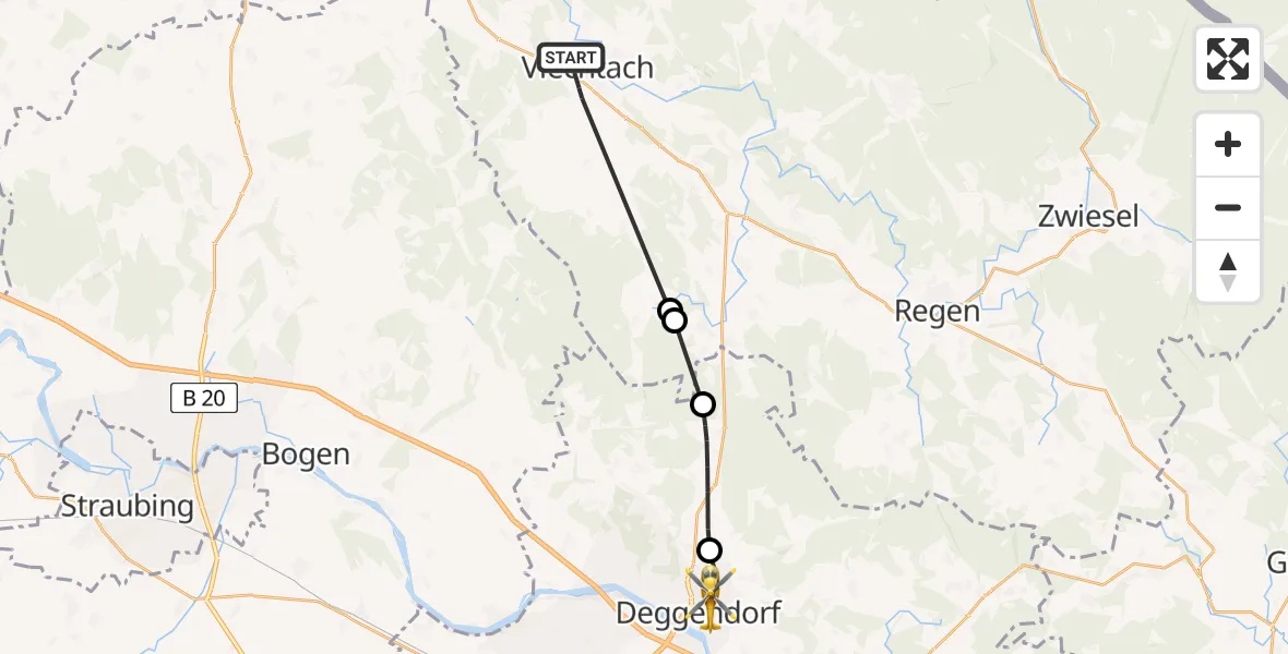 Flugroute Rettungshubschrauber Viechtach - Deggendorf, 31 Mai 2026, 16:48