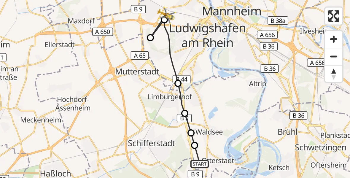 Flugroute Rettungshubschrauber Otterstadt - Ludwigshafen Accident Hospital, 31 Mai 2026, 16:49