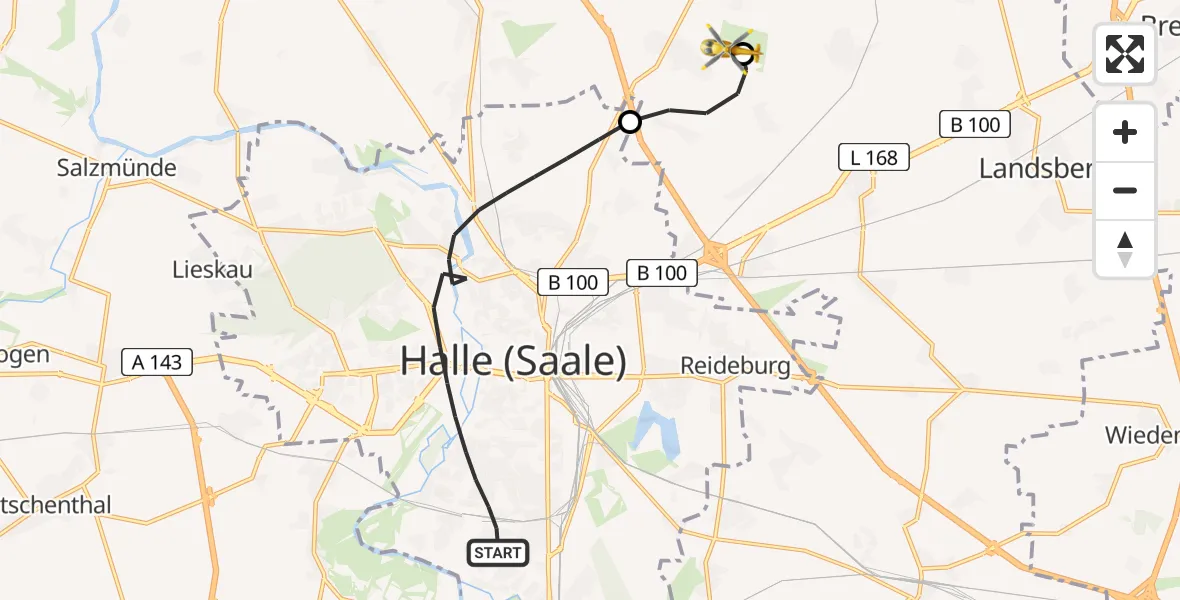 Flugroute Rettungshubschrauber Halle (Saale) - Halle-Oppin Flugplatz, 31 Mai 2026, 16:58