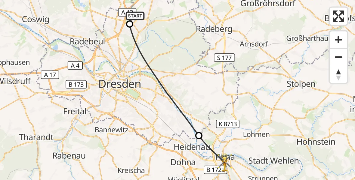 Flugroute Rettungshubschrauber Dresden Flughafen - Pirna, 31 Mai 2026, 17:13