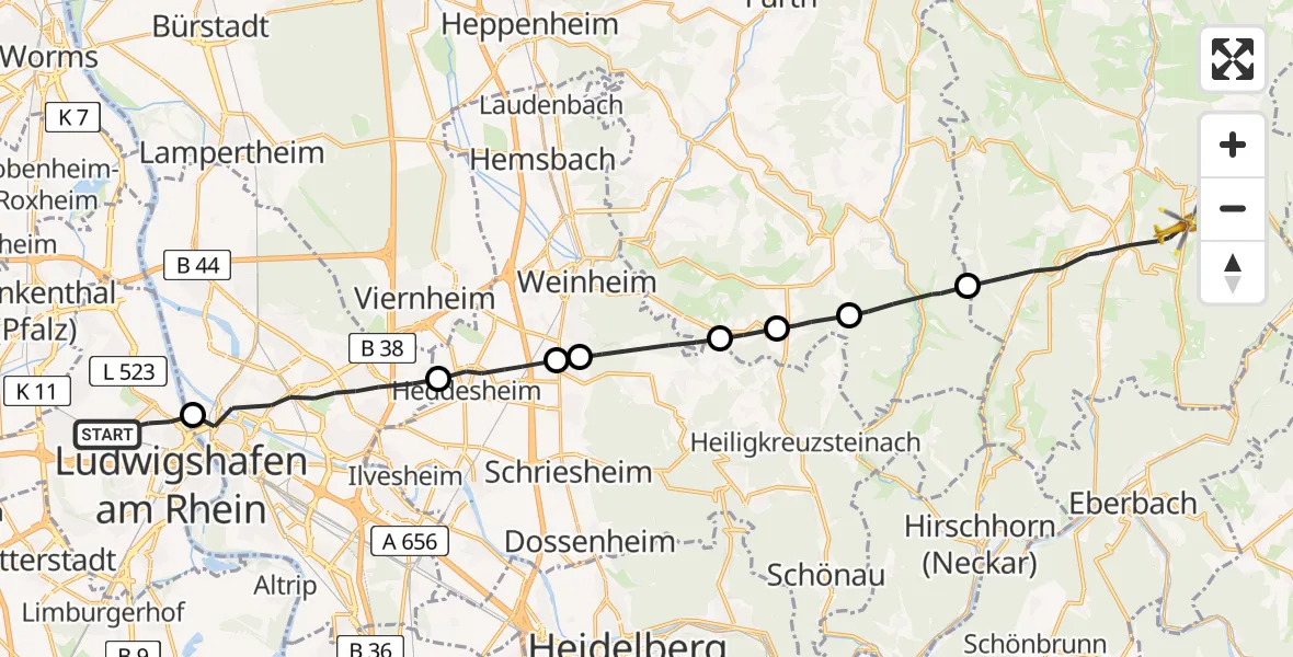 Flugroute Rettungshubschrauber Ludwigshafen am Rhein - Oberzent, 31 Mai 2026, 17:18
