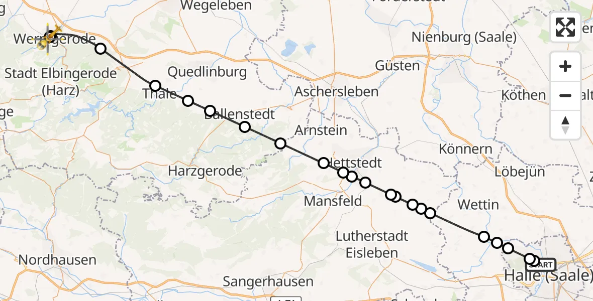 Flugroute Rettungshubschrauber Halle (Saale) - Harz Hospital Wernigerode, 31 Mai 2026, 17:19