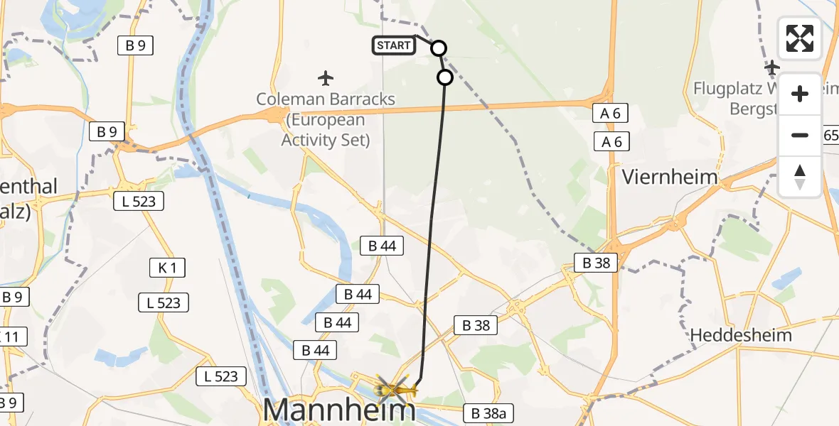 Flugroute Rettungshubschrauber Mannheim - Mannheim, 31 Mai 2026, 17:29