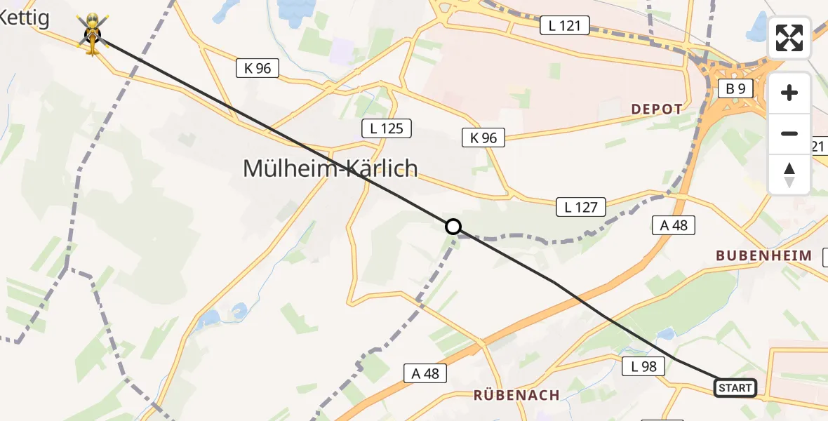 Flugroute Rettungshubschrauber Koblenz - Kettig, 31 Mai 2026, 17:39