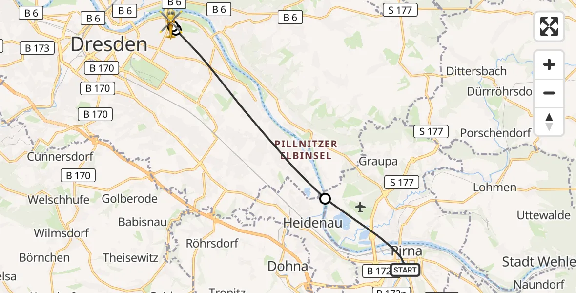 Flugroute Rettungshubschrauber Pirna - Dresden University Hospital, 31 Mai 2026, 17:45