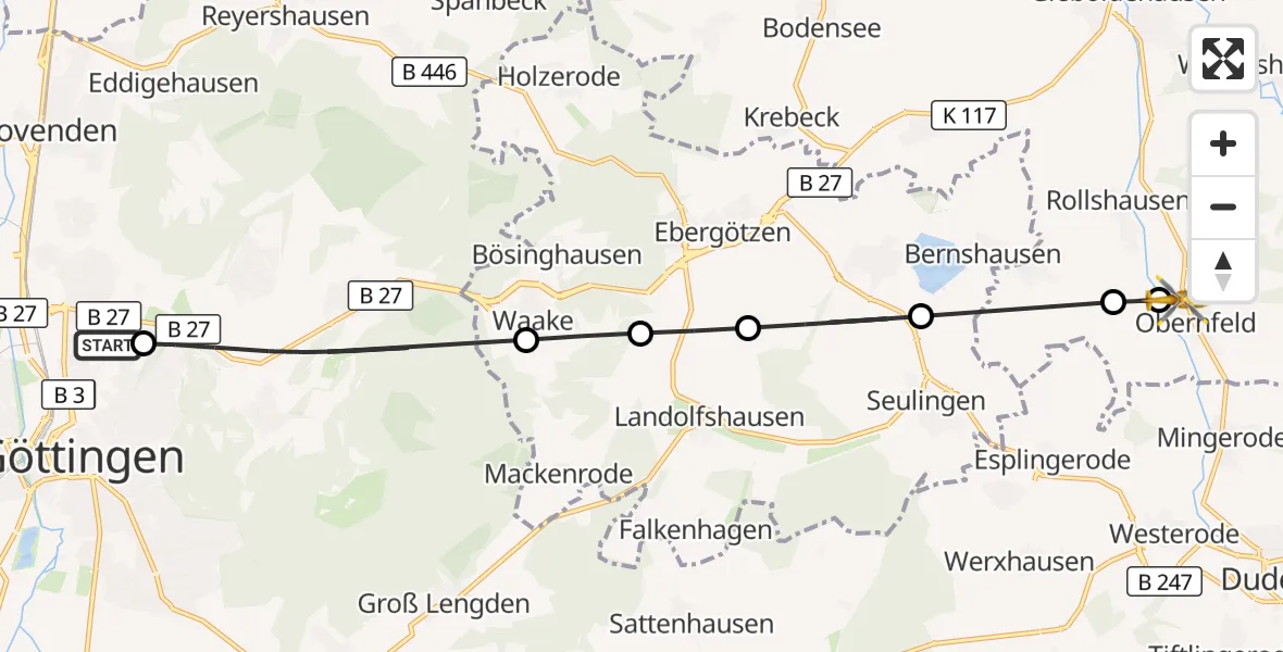 Flugroute Rettungshubschrauber Göttingen University Clinic Hubschrauberlandeplatz - Obernfeld, 31 Mai 2026, 17:48