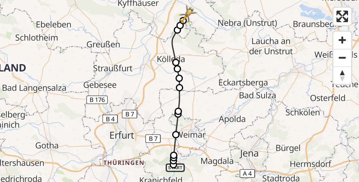 Flugroute Ambulanzhubschrauber Bad Berka Central Hospital - Gehofen, 31 Mai 2026, 18:01