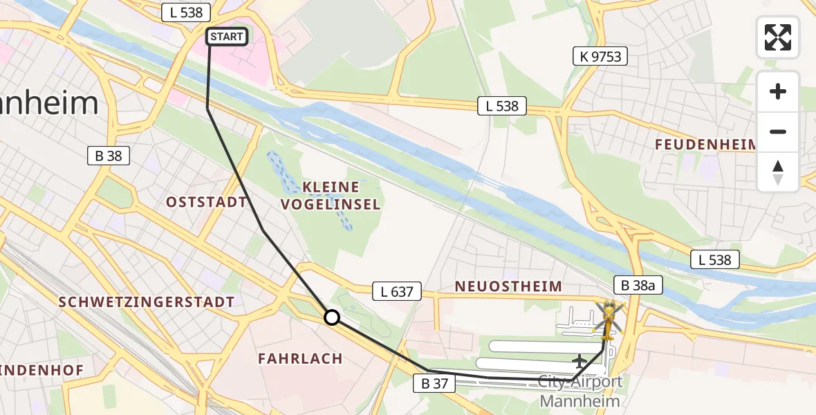 Flugroute Rettungshubschrauber Mannheim - Mannheim-City Flughafen, 31 Mai 2026, 18:03
