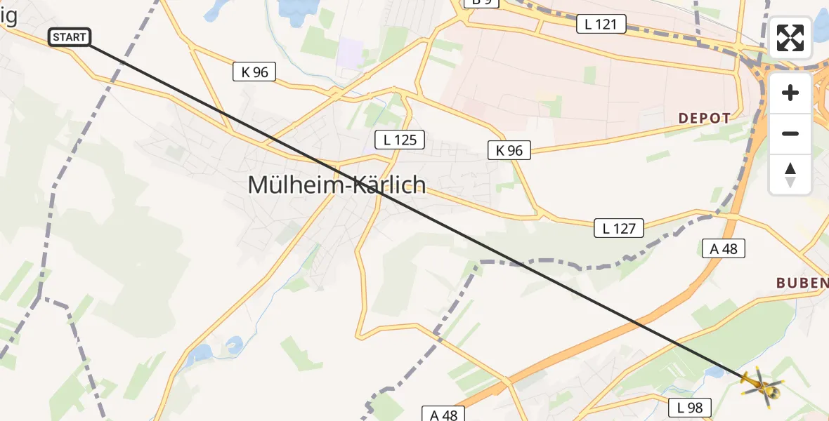 Flugroute Rettungshubschrauber Kettig - Koblenz, 31 Mai 2026, 18:07