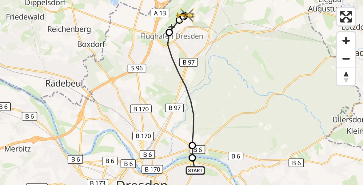 Flugroute Rettungshubschrauber Dresden University Hospital - Dresden Bundespolizei Hubschrauberlandeplatz, 31 Mai 2026, 18:12