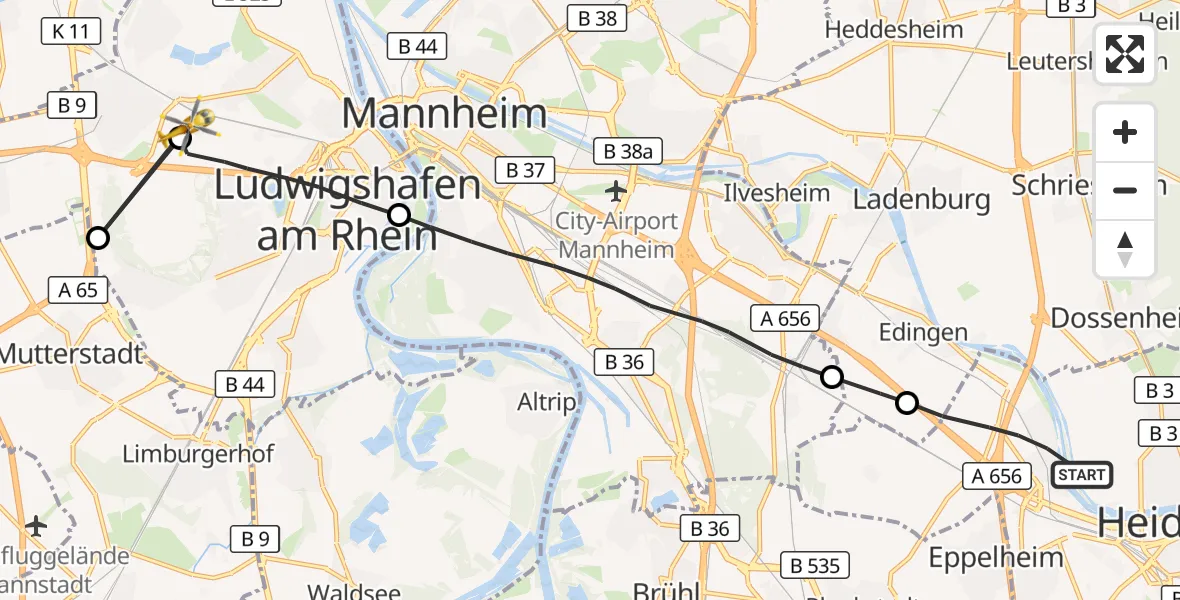 Flugroute Rettungshubschrauber Heidelberg - Ludwigshafen Accident Hospital, 31 Mai 2026, 18:25