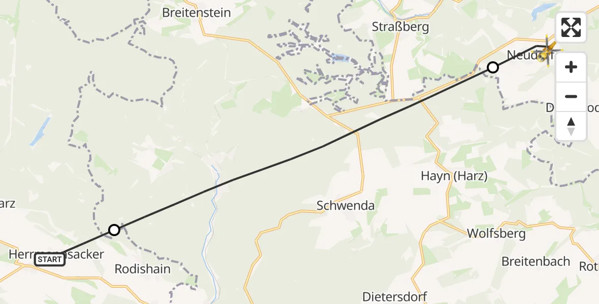 Flugroute Rettungshubschrauber Harztor - Harzgerode, 31 Mai 2026, 18:38