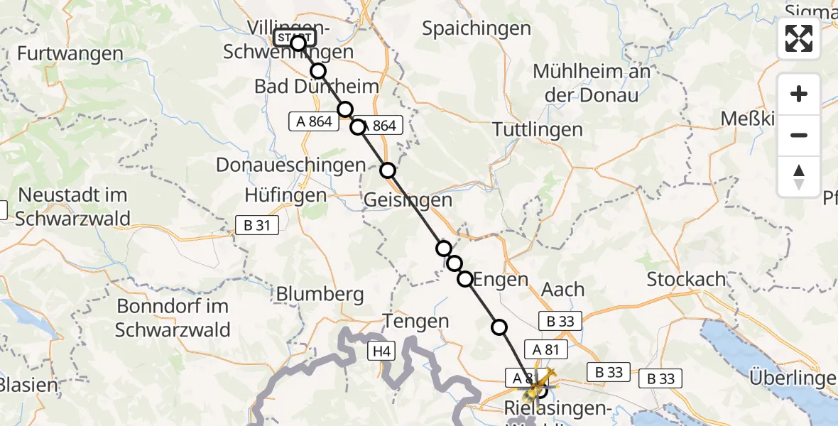 Flugroute Ambulanzhubschrauber DRF Air Rescue Station Villingen-Schwenningen Hubschrauberlandeplatz (Christoph 11) - Singen (Hohentwiel), 31 Mai 2026, 18:42