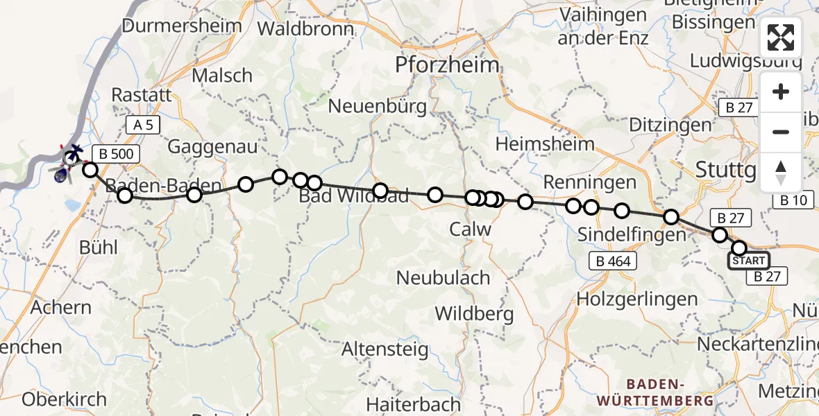 Flugroute Polizeihubschrauber Flughafen Stuttgart - Karlsruhe Baden-Baden Flughafen, 31 Mai 2026, 18:55