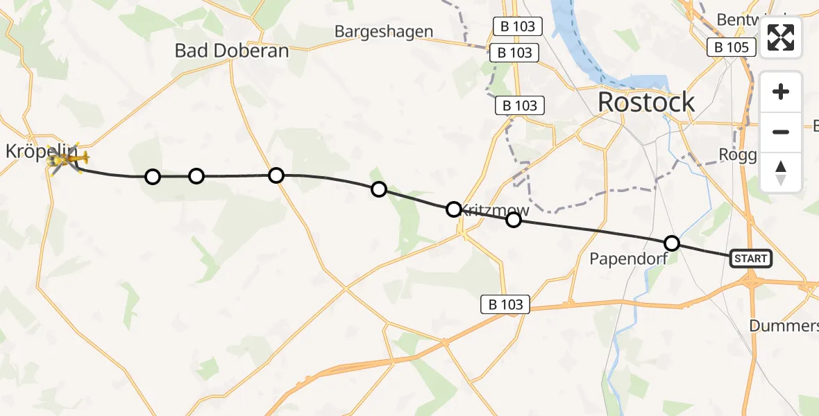 Flugroute Ambulanzhubschrauber Dummerstorf - Kröpelin, 31 Mai 2026, 19:15